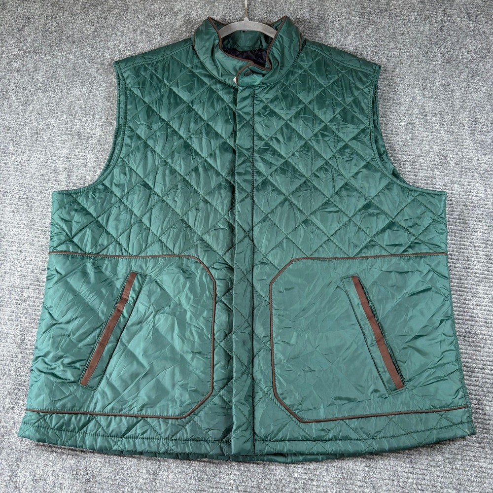 Tommy Bahama Mens XXL Quilted Puffer Vest Green Brown Trim Mock Neck Full Zip